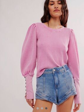 NWT Free People Wesley Pink Puff-Sleeve Thermal Top